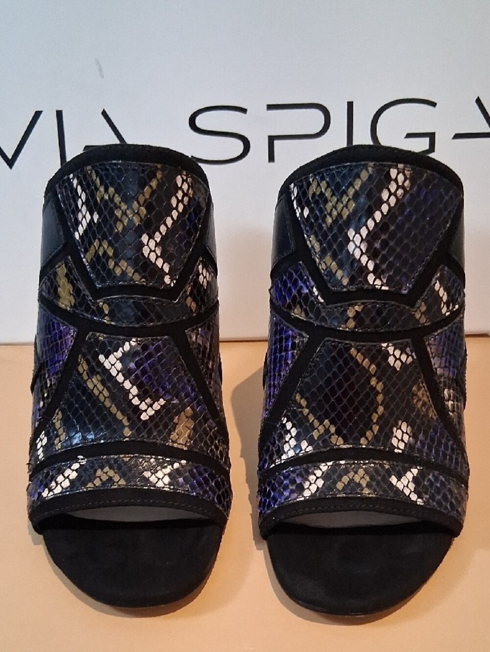 Via Spiga Black and Purple Leather Snake-Print Open-Toe Mules
